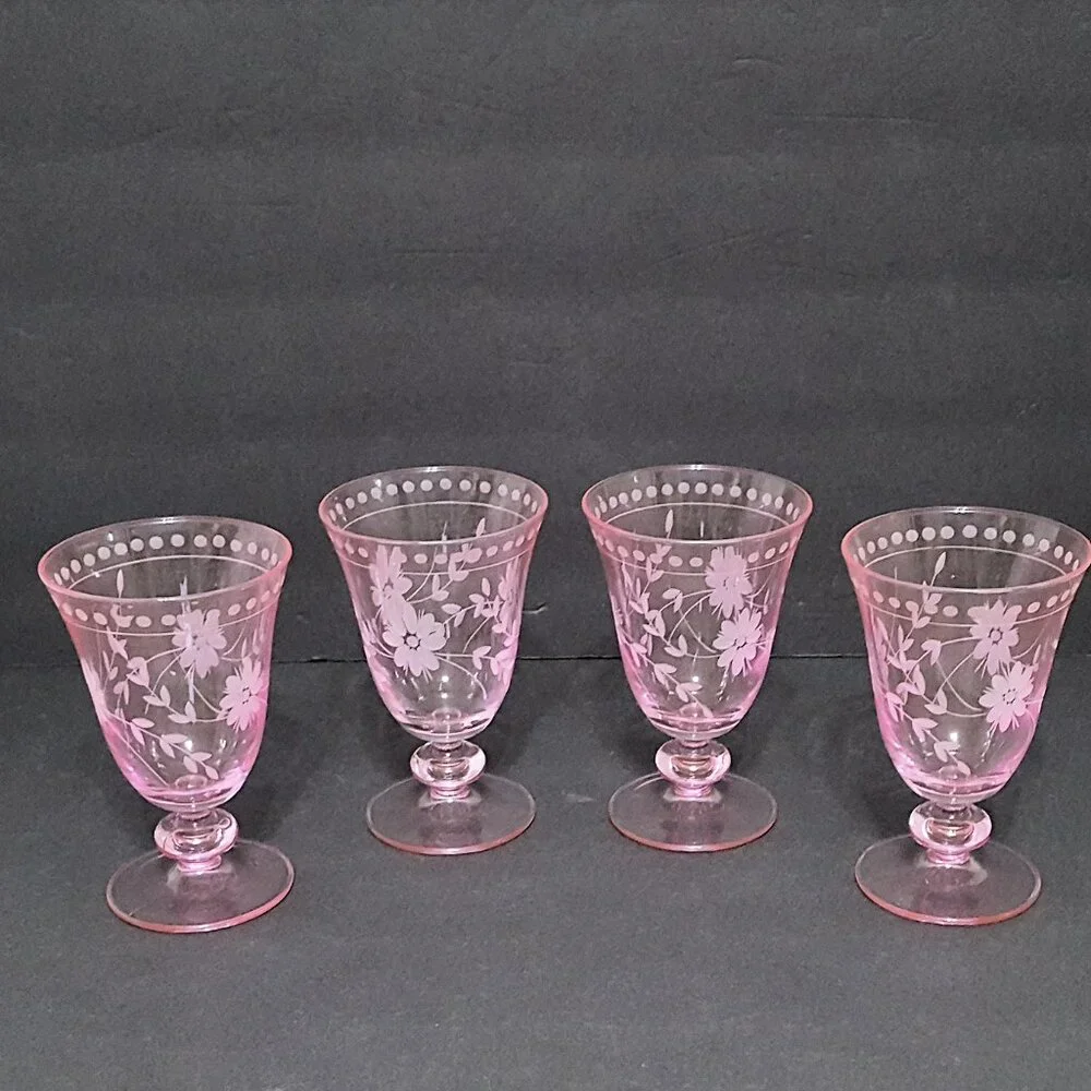 NEW RARE Williams Sonoma Set of 4 Pink Vintage Etched Goblets 9.25 OZ NIB